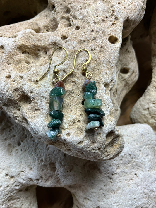 Moss Agate And Brass Healing Earrings