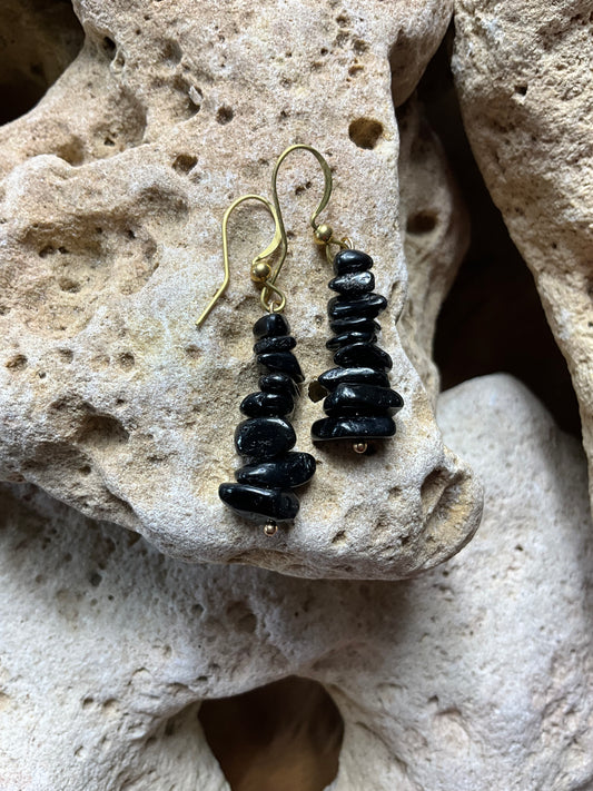 Black Tourmaline And Brass Healing Earrings