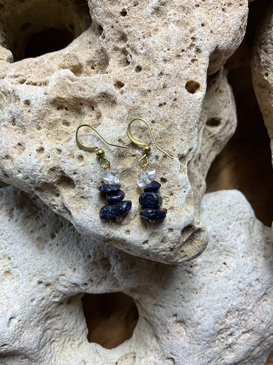 Blue Goldstone, Clear Quartz And Brass Healing Earings