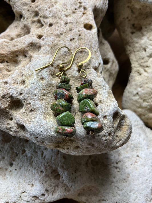 Unakite And Brass Healing Earrings