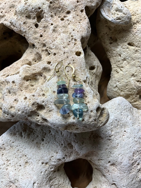 Rainbow Fluorite And Brass Healing Earrings